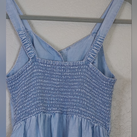 Japna Chambray Button Up Sweetheart Neckline Smocked Back Cottagecore Midi Dress - Picture 6 of 9